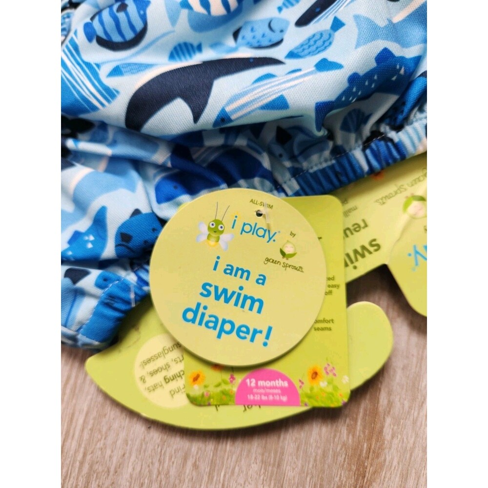 NWT i play iplay green sprouts Swim Swimsuit Diaper Reusable Blue Sharks 12M - Picture 3 of 10
